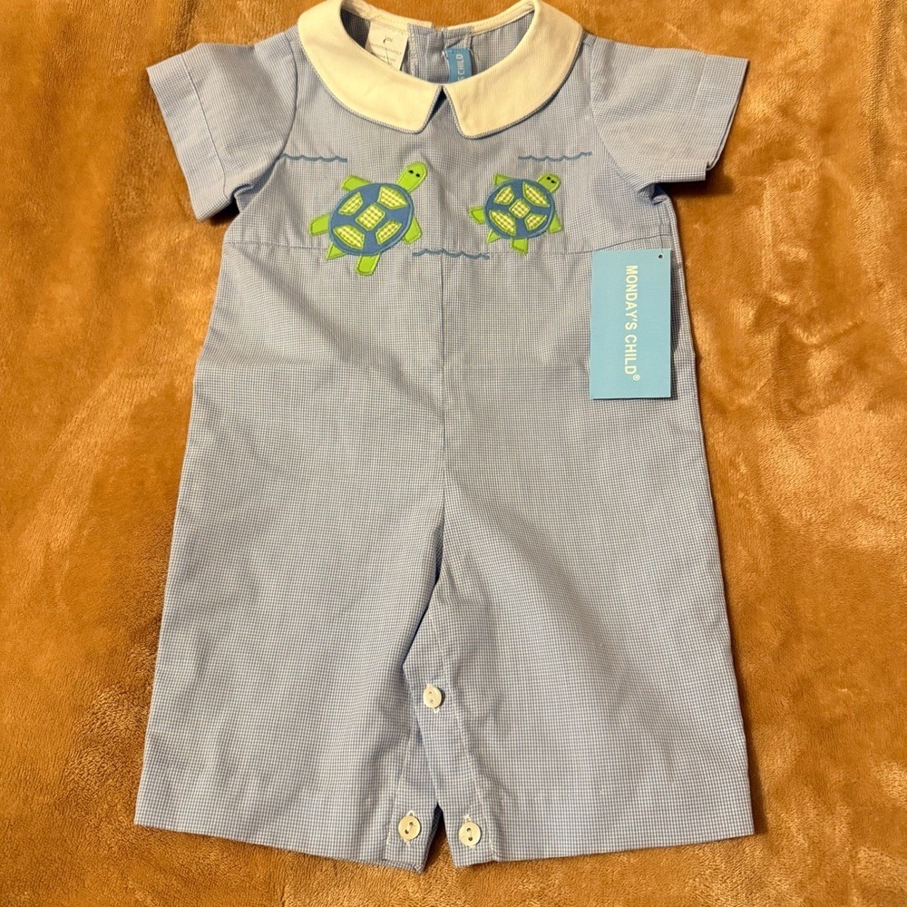 Monday's Child Baby Boy Blue Gingham Turtle Embroidered Romper 12M NWT
